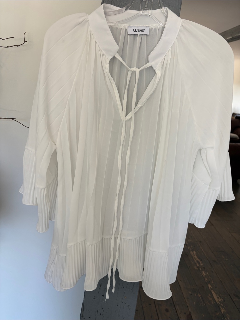 White Pleated Tie-Neck Blouse